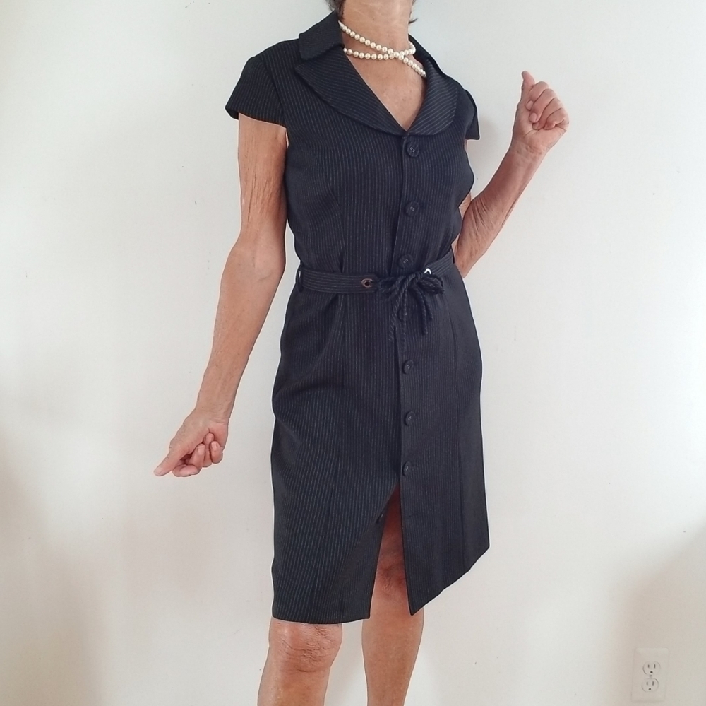 Tahari Arthur S. Levine Black Pinstripe Cap Dress